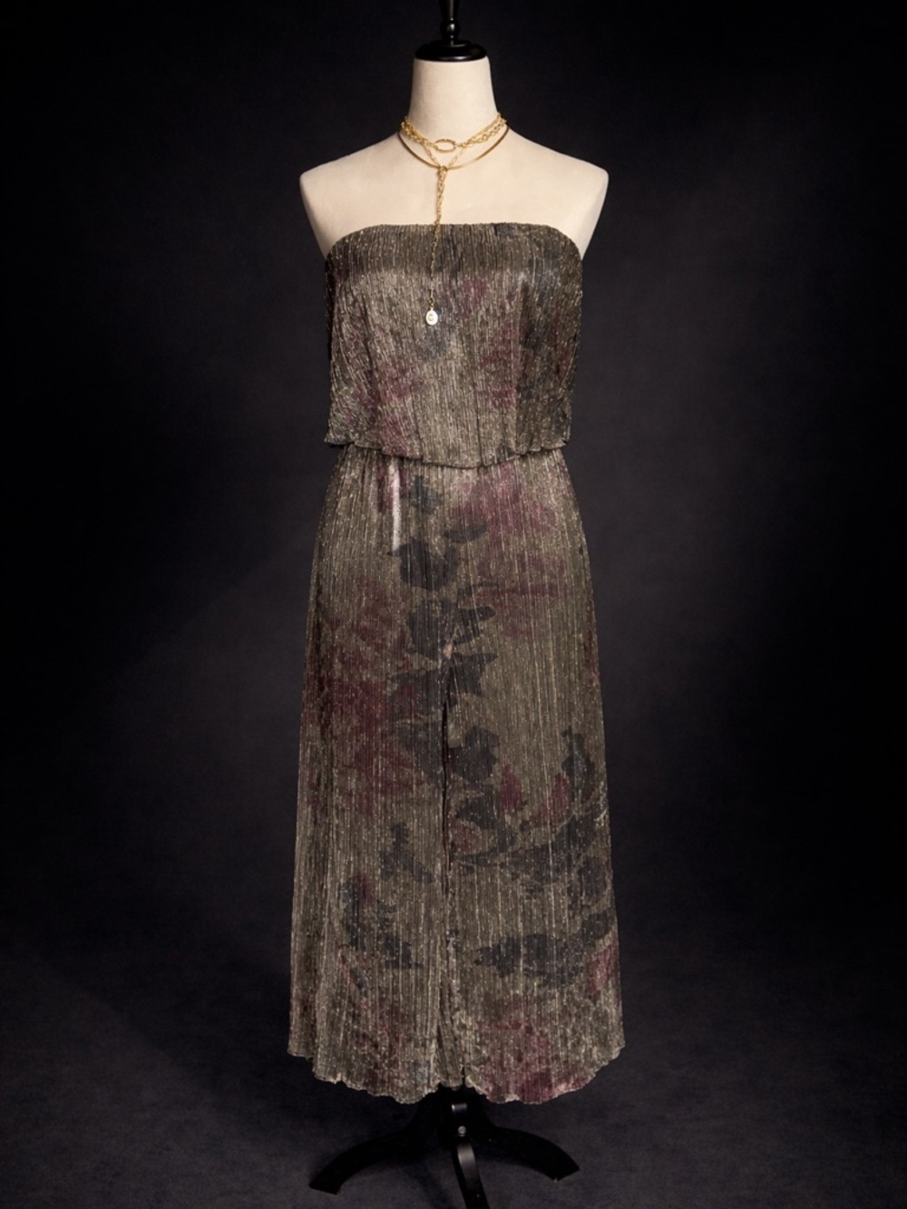 Function & Fringe Edit | Metallic Noir Midi Dress Strapless Pleated Floral